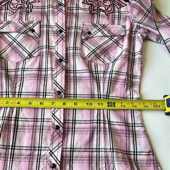 Rock & Roll Cowgirl Plaid Lace Western Long Sleeve Snap Shirt - Picture 12 of 13